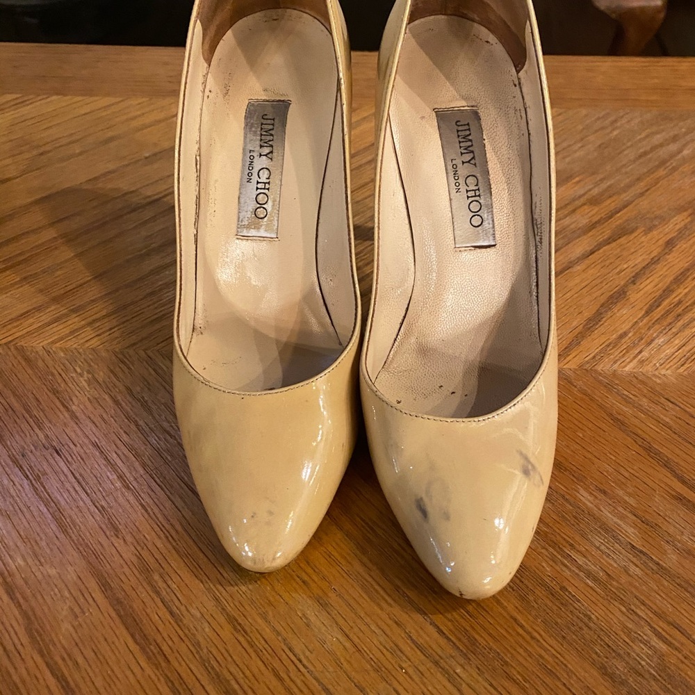 Jimmy Choo Gilbert Patent Almond Toe Nude Pump